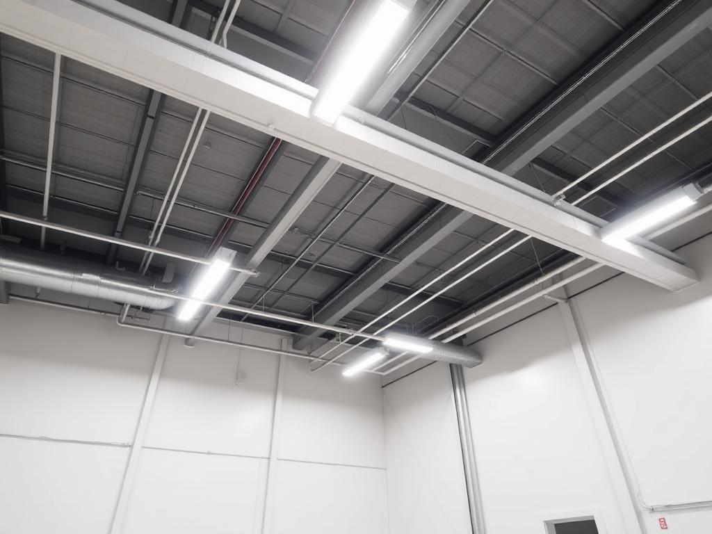Commercial interior with LED high bay lighting and exposed conduit