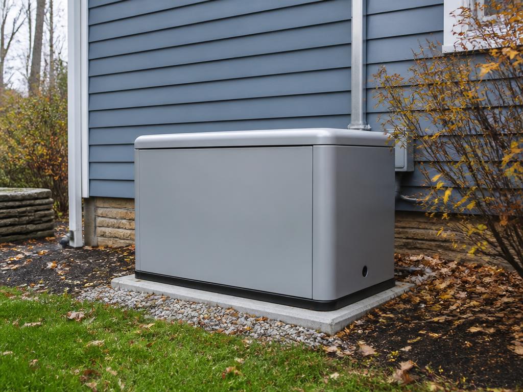 Standby generator installed on a concrete pad beside a home