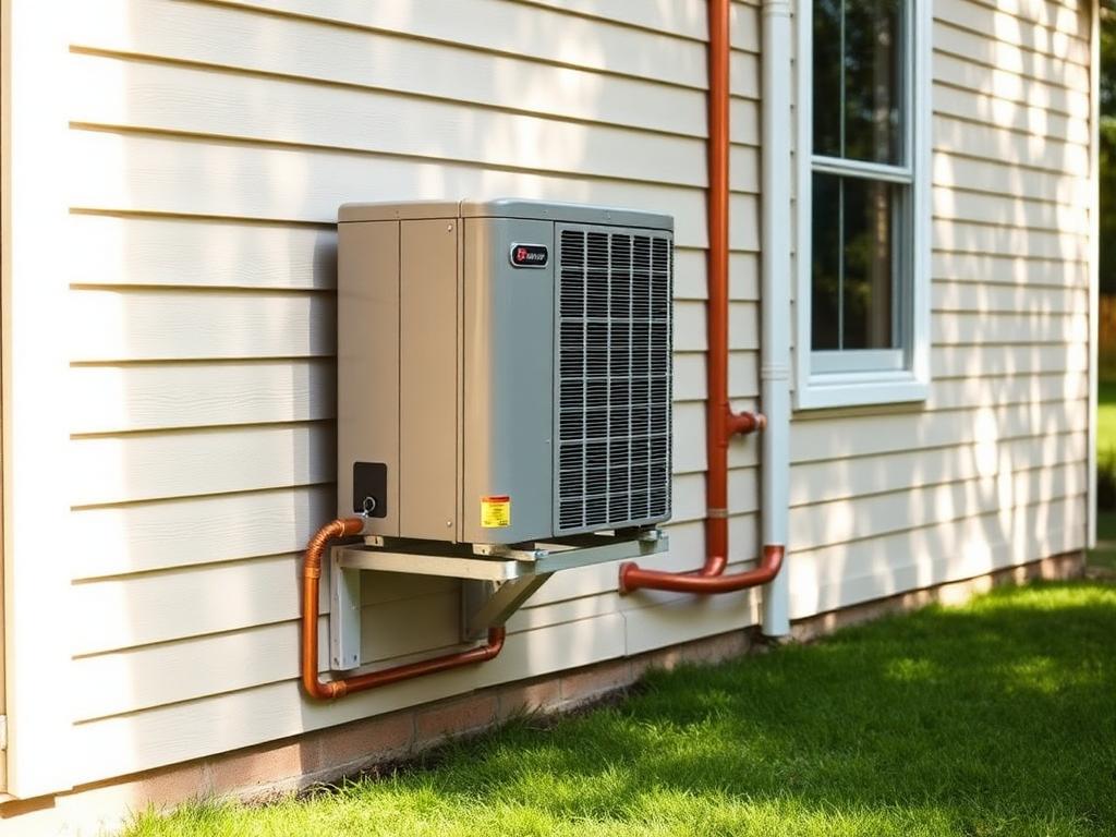 Outdoor heat pump unit mounted to the exterior wall of a home